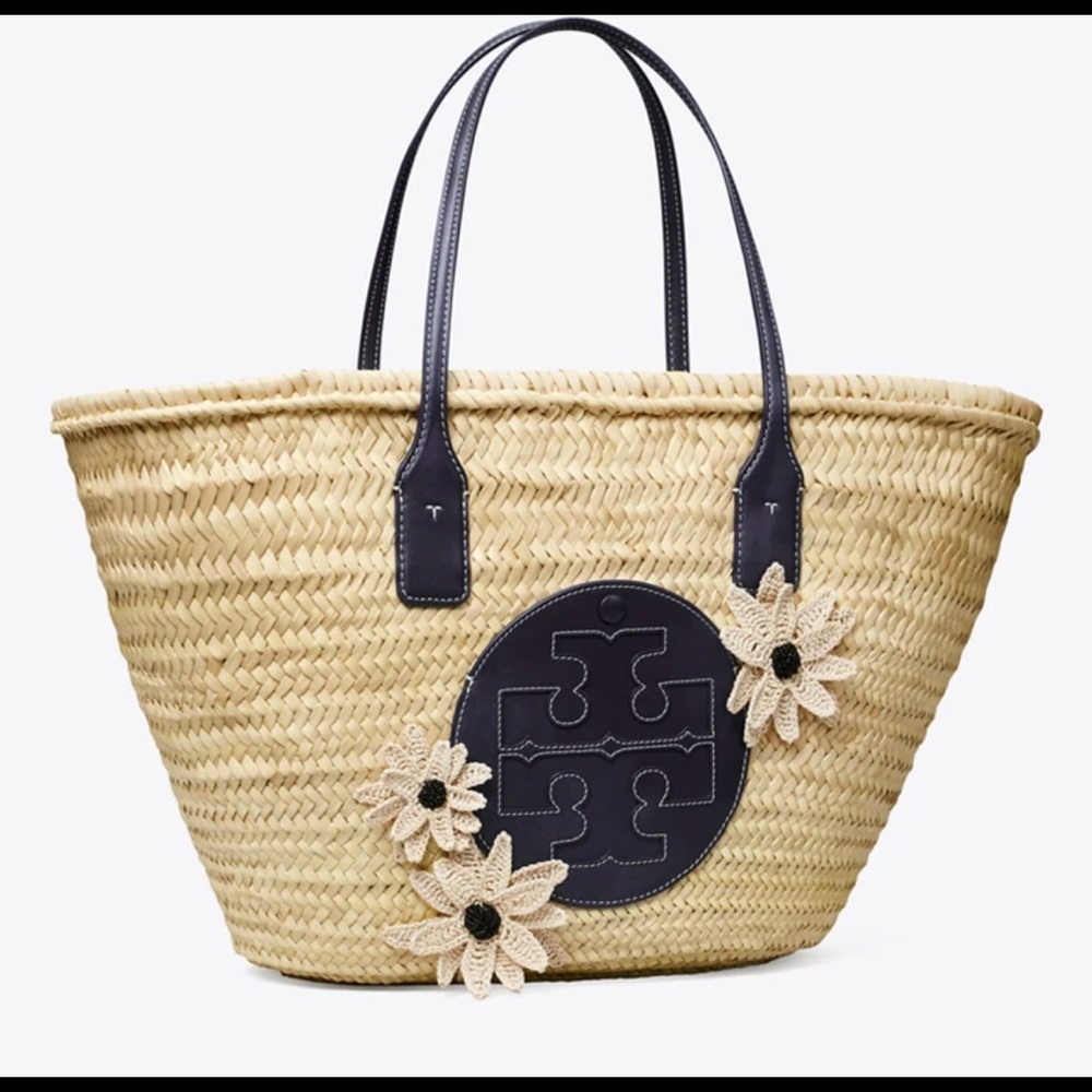 Large Ella Printed Straw Basket Tote Bag